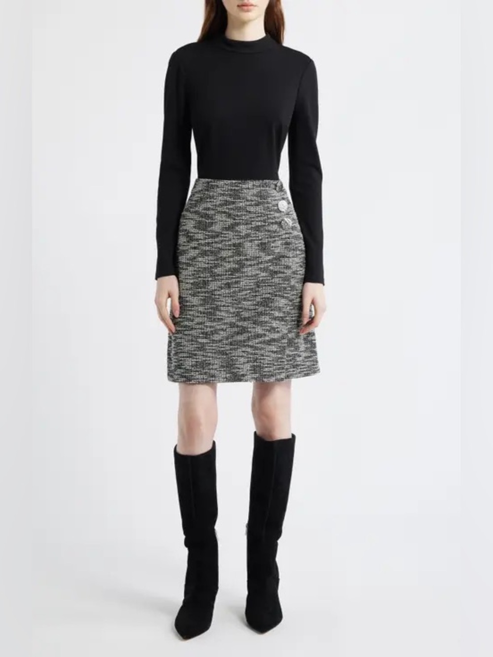 Eliza J Black & White Tweed Colorblock Long Sleeve Dress Size 14
